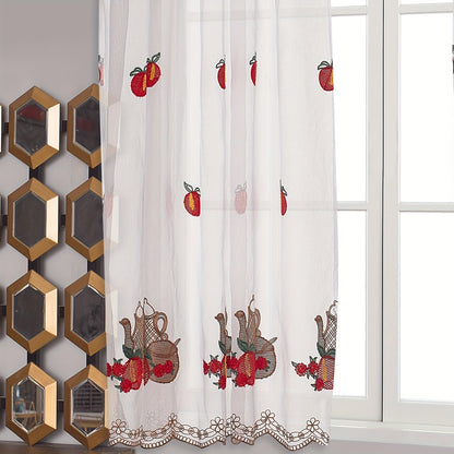 1 Panel Short Curtain, American Country Rod Pocket Small Window Embroidery Fruit Pattern Curtain for Living Room, Study, Balcony Home Decoration