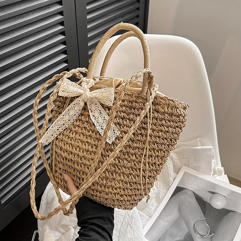 solvbao  Khaki Straw Woven Large Capacity Handbag, Beach Holiday Drawstring Tote Bag, Women's Travel Bag With Scarf