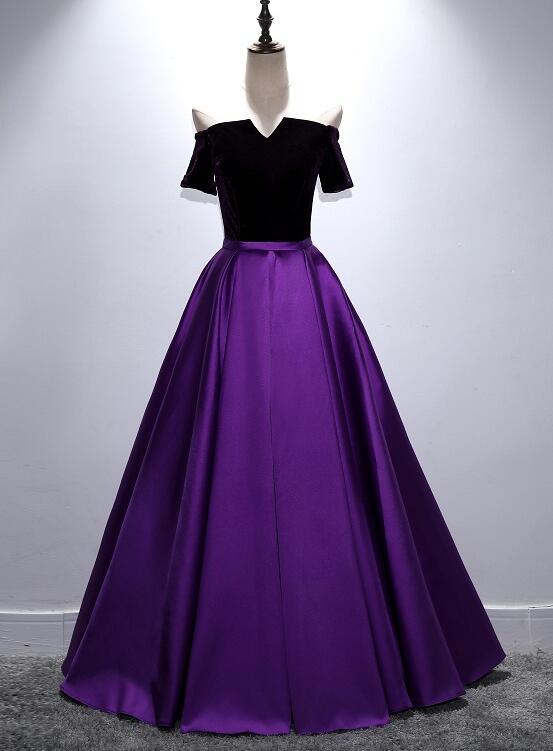 Solvbao Beautiful Purple and Black Long Party Dress, Off Shoulder Prom Dress