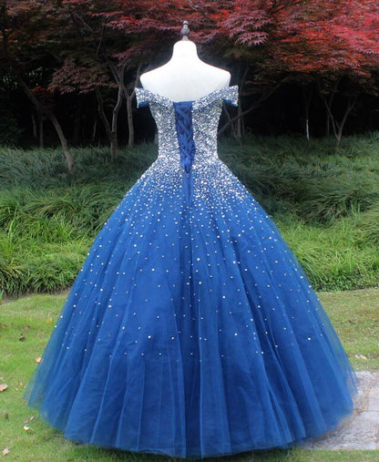 Solvbao Beautiful Sweetheart Tulle Blue Beaded Formal Dress, Blue Sweet 16 Gown