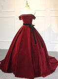 Solvbao Elegant Wine Red Velvet Sweet 16 Gown with Belt, Off Shoulder Party Gown