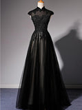 solvbao Elegant High Neckline Black Evening Dress, Tulle with Lace Applique Prom Dress