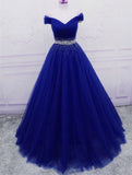 solvbao Elegant Royal Blue Tulle Sequins Prom Dress , A-line Long Party Dress