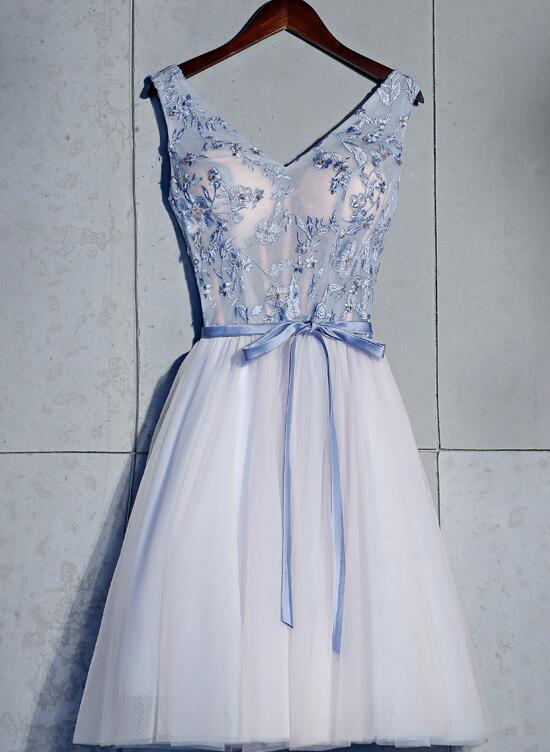 Solvbao Short Blue Prom Dress A-line Homecoing Dress, V-neckline Prom Dress