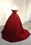 Solvbao Elegant Wine Red Velvet Sweet 16 Gown with Belt, Off Shoulder Party Gown