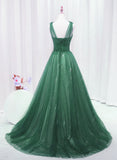 Solvbao A-line Tulle V-neckline Sweetheart Beaded Long Party Dress, Gree Tulle Prom Dress