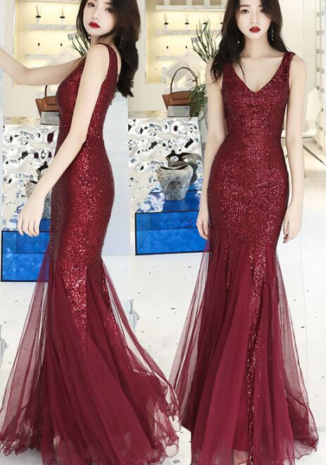 solvbao Wine Red Sequins with Tulle Mermaid Party Gown, Burgundy Prom Dress