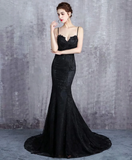 solvbao Black Mermaid Lace Straps Sweetheart Party Dress, Black Mermaid Long Formal Dress