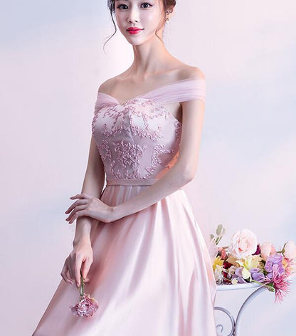 Solvbao Pink Off Shoulder Lace and Satin Evening Dress, Pink Long Prom Dresss