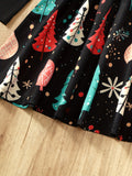 Long Sleeve Girls Christmas Tree Graphic Dress With Bow Belt For Fall Party