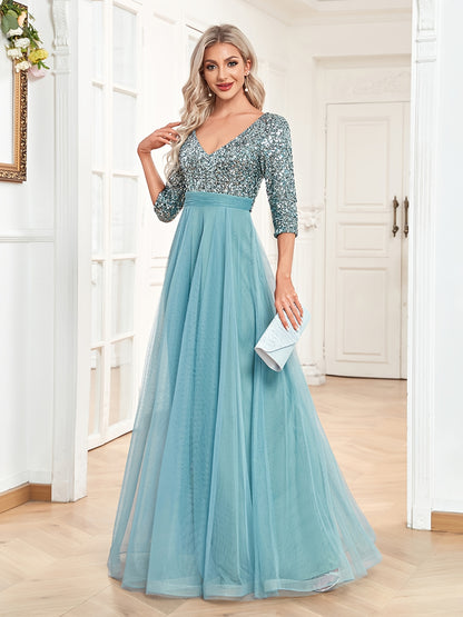 solvbaoV-neck Contrast Sequin Long Dress, Elegant Chiffon Half Sleeve Waist Evening Gown Prom Party Dresses, Women's Clothing