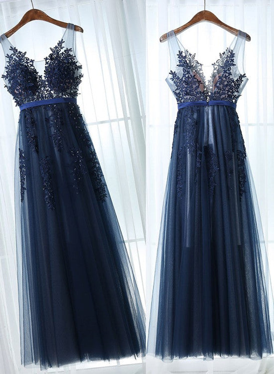 solvbao Navy Blue Lace Applique Tulle Long Formal Gown, Applique Evening Gowns