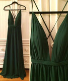 Solvbao Dark Green Deep V-neckline Chiffon Cross Back Long Party Dresses, Sexy Formal Gowns