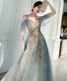 solvbao Charming Lace Light Blue V-neckline Long Prom Dress, A-line Formal Dress Evening Dress