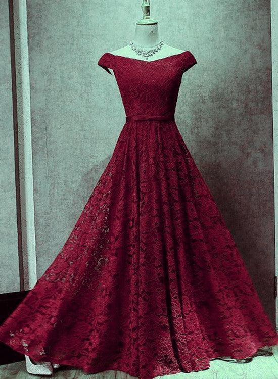 solvbao Wine Red Lace Off Shoulder Lace-up Long Party Dresses, Lace Evening Gowns, Formal Gowns