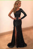 kamahe Black Sheath Sweep Train One Shoulder Long Sleeve Side Split Sparkle Prom Dresses