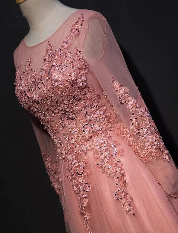 Solvbao Pink Lace Applique Tulle  Floor-length A-line Prom Dresses, Long Sleeves Party Dress