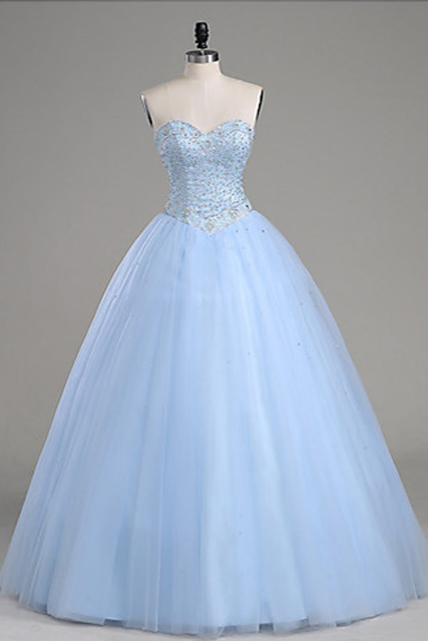 kamahe Light Blue Ball Gown Floor Length Sweetheart Strapless Sleevless Beading Prom Dresses