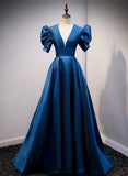 Solvbao Blue Satin Simple V-neckline Prom Dress, Blue Evening Dress Bridesmaid Dress