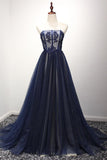 kamahe Navy A Line Sweep Train Straight Sleeveless Mid Back Lace Up Prom Dresses