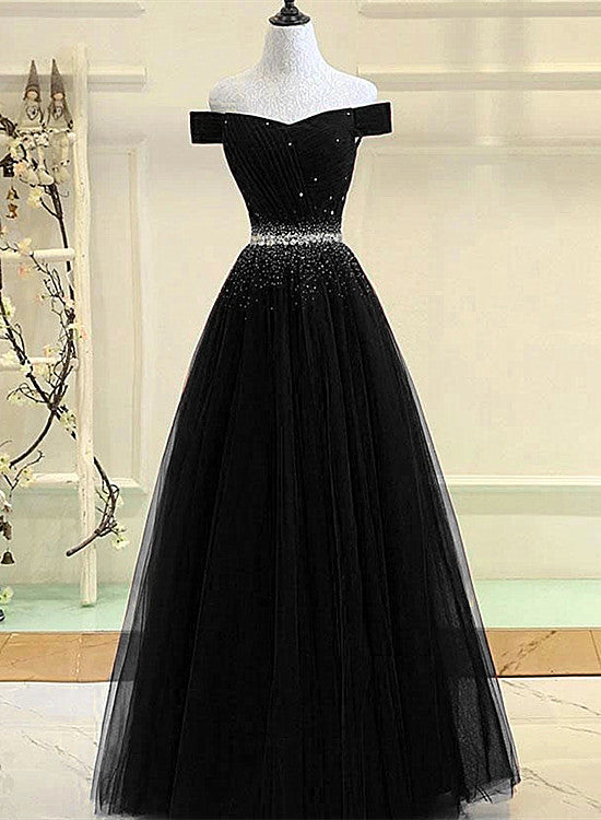 Solvbao Black Tulle A-line Long Party Dress, Black Prom Dress