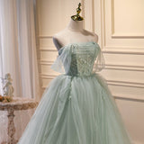 Solvbao Light Green Tulle Beaded Ball Gown Off Shoulder Party Dress, Green Sweet 16 Dress