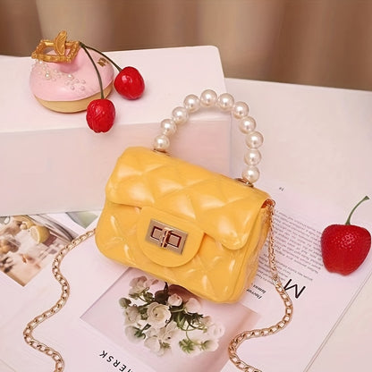 solvbao  Mini Jelly Handbag For Girls, Faux Pearl Handle Coin Purse, Trendy Chain Crossbody Bag (12.45*8.89*5.08cm)