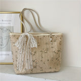 solvbao  Woven Straw Tote Bag For Women, Flower Lace Summer Beach Bag, Trendy Shoulder Bag For Travel