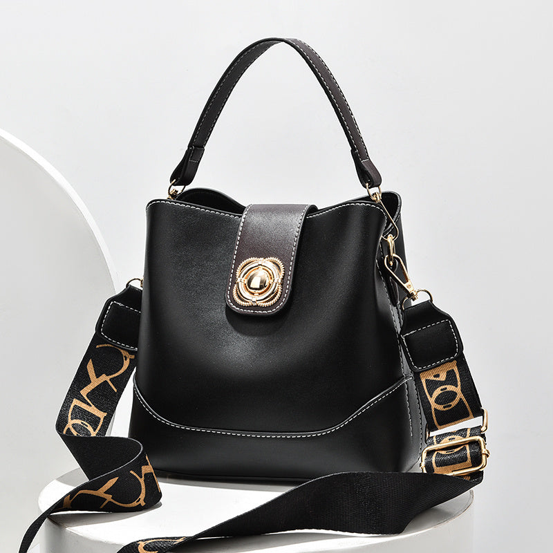 Retro Faux Leather Bucket Bag, Women's Fashion Shoulder Bag, Buckle Decor Hand Bag With Wide Strap