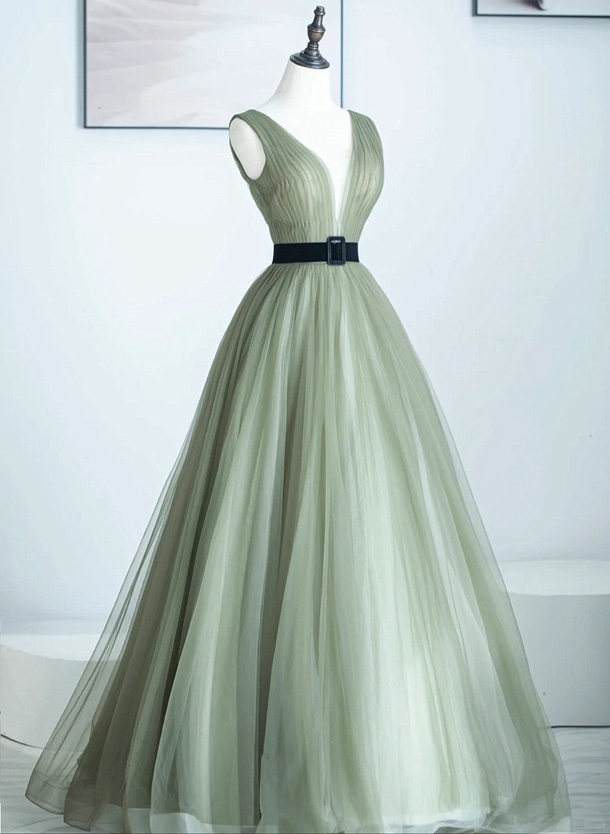 solvbao A-line Light Green V-neckline Tulle Long Prom Dress, Light Green Party Dress