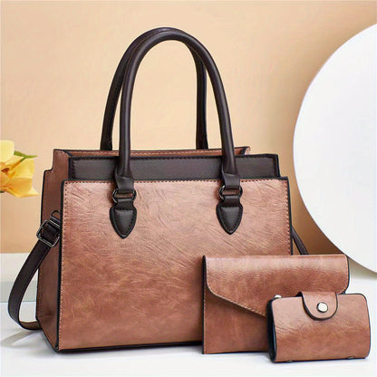 3pcs/set Vintage Top Handle Satchel, Retro Shoulder Tote Bag, Women's Fashion Handbag, Crossbody Bag & Clutch Purse