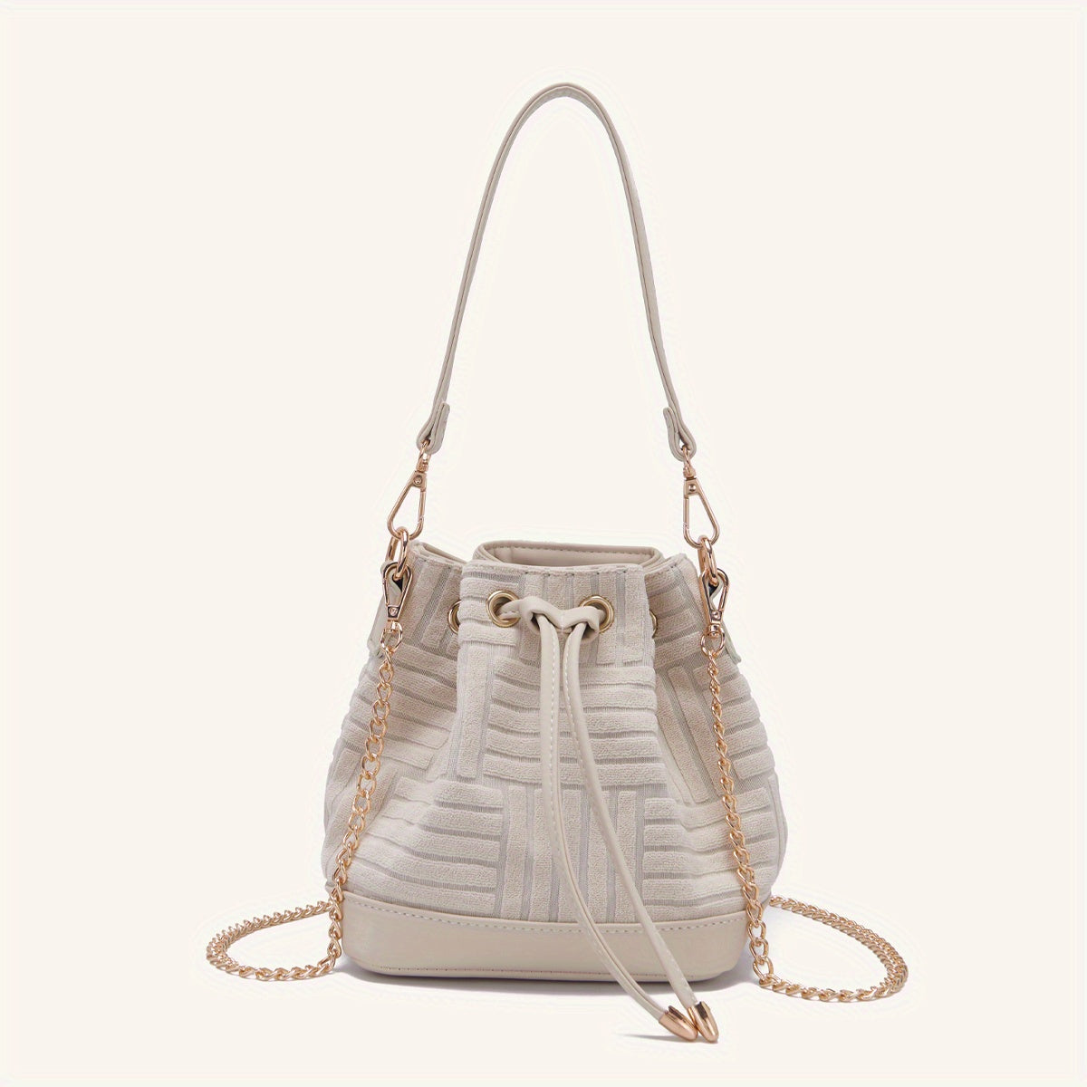 solvbao  Mini Drawstring Metal Chain Crossbody Bucket Bag, Dacron Textured Bag Purse, Classic Versatile Fashion Shoulder Bag