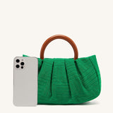 Top Handle Ruched Bag, Green Jacquard Fabric Handbag, Women's Elegant Clutch Purse (9.84*6.3*2.36) Inch