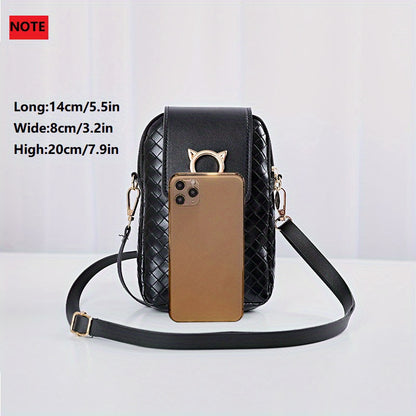 solvbao  Mini Woven Mobile Phone Bag, Metal Cat Decor Crossbody Bag, Women's Faux Leather Flap Purses (5.5*3.2*7.9)Inch