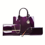 3Pcs Patent Leather Bag Set, Fashion Handbags With Chain Crossbody Bag & Clutch Purse & Card Holder