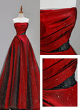 solvbao Red and Black Satin with Tulle Chic Long Party Dress, Red Long Prom Dress