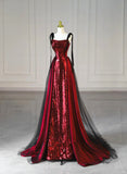 solvbao Wine Red Sequins with Black Tulle Straps Long Party Dress, Wine Red Sequins Prom Dress