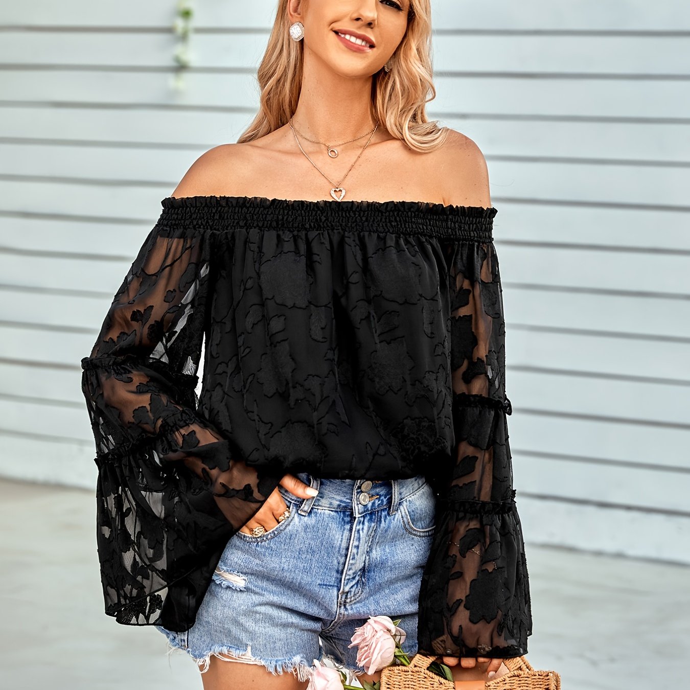 solvbao  Long Sleeve Off Shoulder Blouse, Casual Every Day Top For Spring & Summer, Women's Clothing