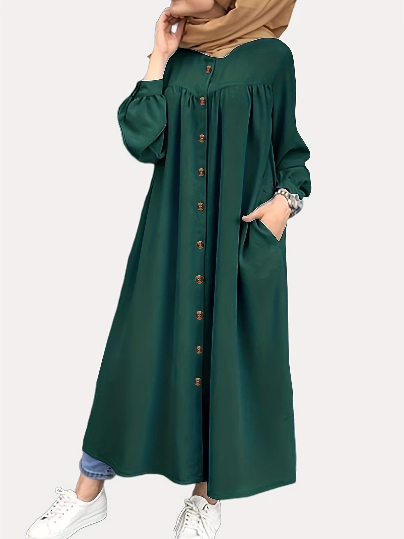 solvbaoButton Front Ruched Abaya, Modest Puff Sleeve Maxi Dress, Women's Clothing