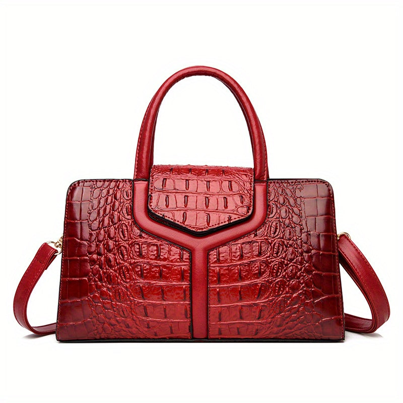 solvbao  Crocodile Embossed Handbag, Elegant PU Crossbody Bag, Top Handle Satchel Purse For Women