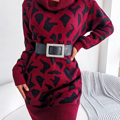 solvbaoLadies Turtleneck Leopard Print Sweater Dress, Long Sleeve Sweater Dress Without Belt, Casual Sweater Dress For Fall & Winter, Women's Clothing