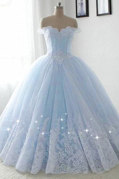 Solvbao Light Blue Princess Ball Gown Sweet 16 Gown, Tulle Formal Dress with Lace Applique