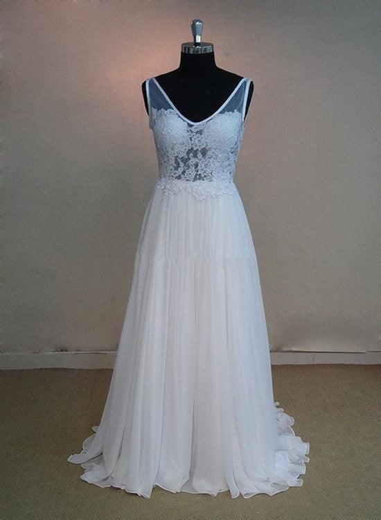 solvbao White Chiffon and Lace Backless Simple Wedding Dress, Beautiful White Prom Dress