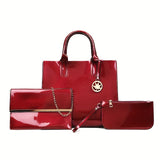 3Pcs Patent Leather Bag Set, Fashion Handbags With Chain Crossbody Bag & Clutch Purse & Card Holder