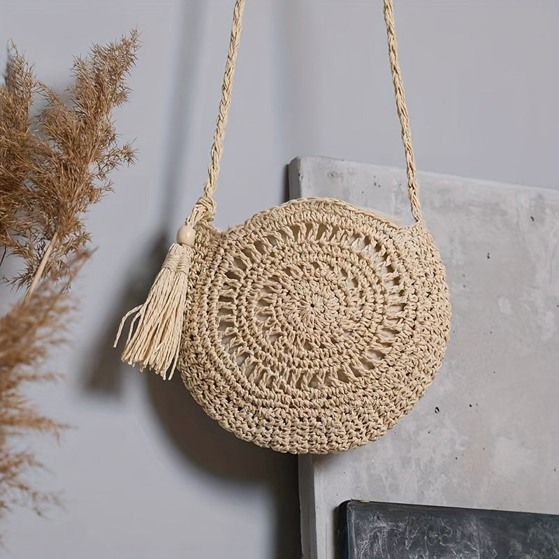 solvbao  Round Woven Straw Beach Bag, Tassel Decor Crossbody Bag, Boho Style Hollow Bag For Travel Vacation