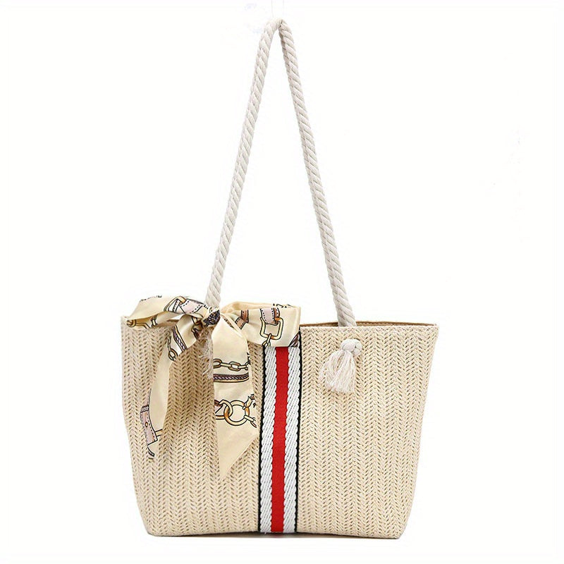 solvbao  Striped Pattern Straw Tote Bag, Travel Beach Shoulder Bag, Simple Bag With Scarf Decor