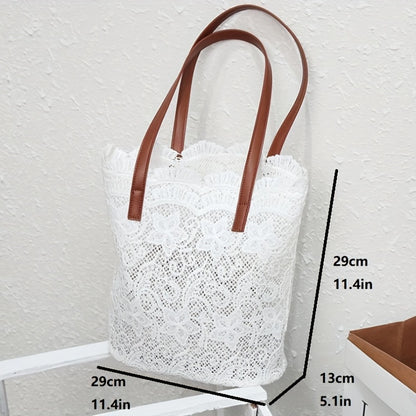 solvbao  Fashion Floral Lace Tote Bag, Hollow Out Design Shoulder Bag, Literary Handbags For Women