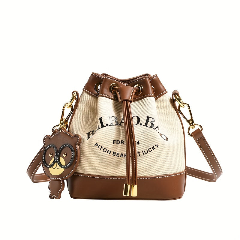 solvbao Letter Graphic Bucket Bag For Women, Canvas Stitching Crossbody Bag, Drawstring Shoulder Purse With Pendant