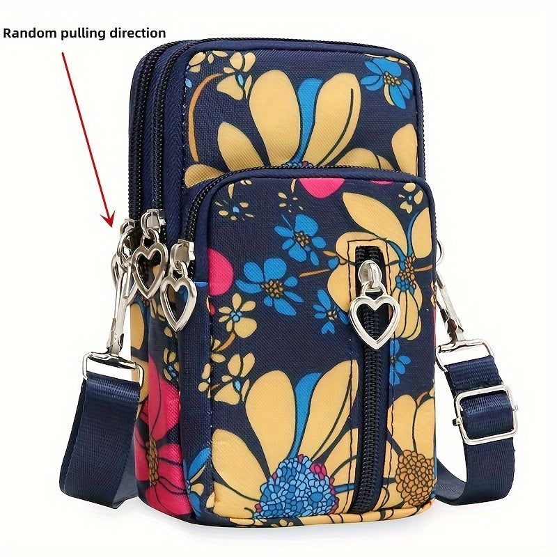 Mini Heart Zipper Phone Bag, Nylon Canvas Crossbody Bag, Multi Layer Zipper Around Purse (3.54*6.7*2.36) Inch