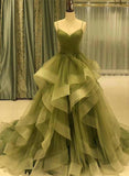 Solvbao Beautiful Green Ruffles Sweep Train Long Prom Dress, Straps Evening Formal Dresses